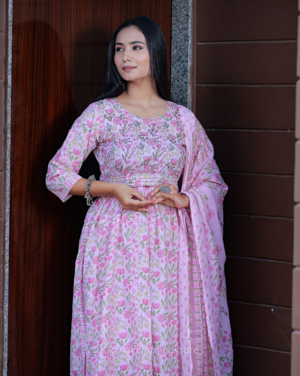 Pink Cotton Anaar Kali Kurti with Pant & Dupatta Set – Regular Fit, Everyday Wear