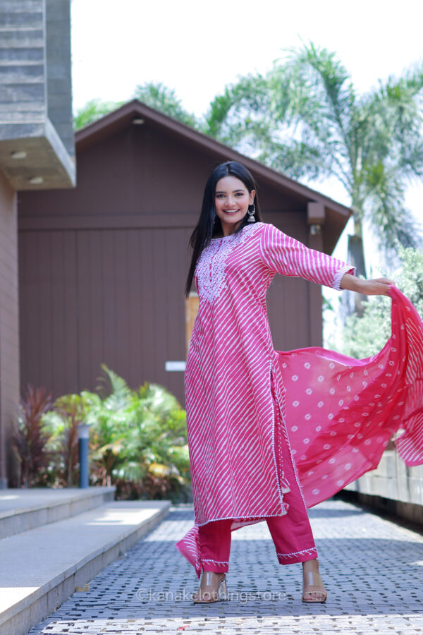 Rani Pink Cotton Kurti with Pant & Dupatta Set – Regular Fit - Image 3