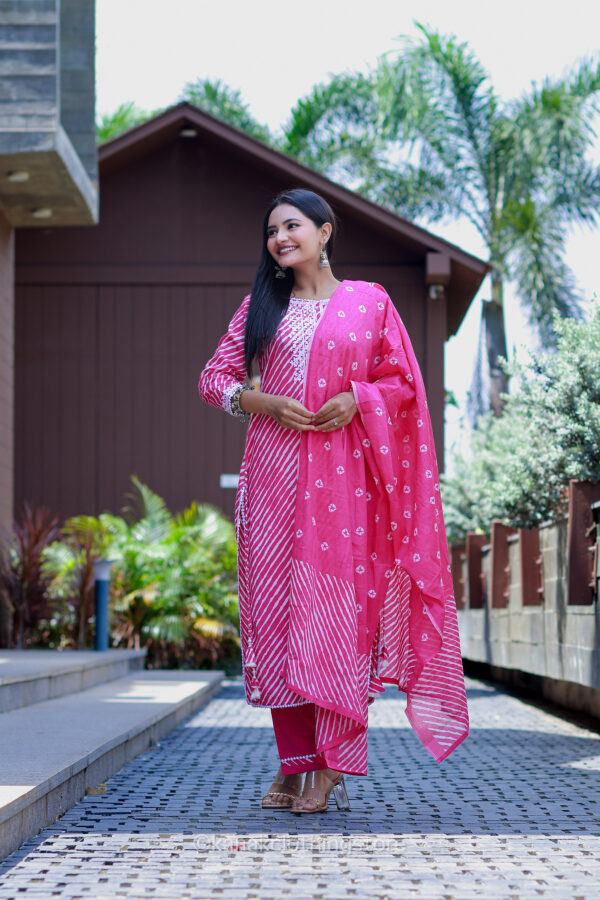 Rani Pink Cotton Kurti with Pant & Dupatta Set – Regular Fit