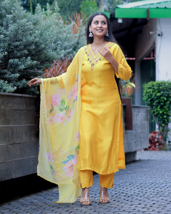 Yellow Rayon Cotton Kurti with Pant and Dupatta Set for Party Wear - Image 5
