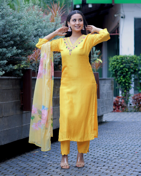 Yellow Rayon Cotton Kurti with Pant and Dupatta Set for Party Wear - Image 3