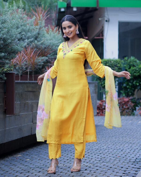Yellow Rayon Cotton Kurti with Pant and Dupatta Set for Party Wear