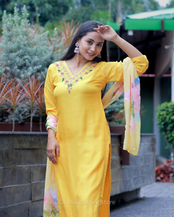 Yellow Rayon Cotton Kurti with Pant and Dupatta Set for Party Wear - Image 4