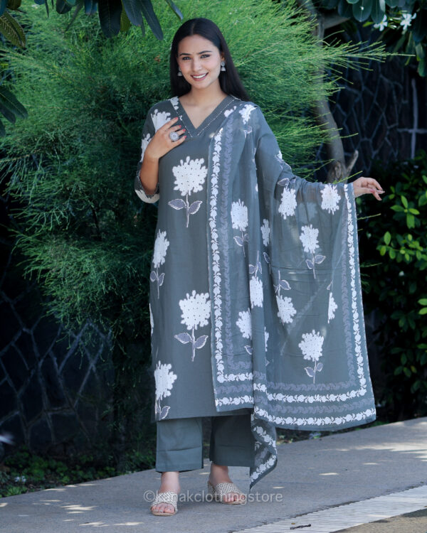 Olive Cotton Kurti Pant Dupatta Set | Regular Fit, Everyday Style - Image 3