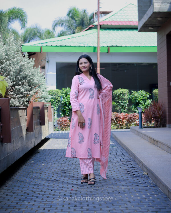 Pink Cotton Kurti Pant Dupatta Set - Regular Fit, Everyday Wear