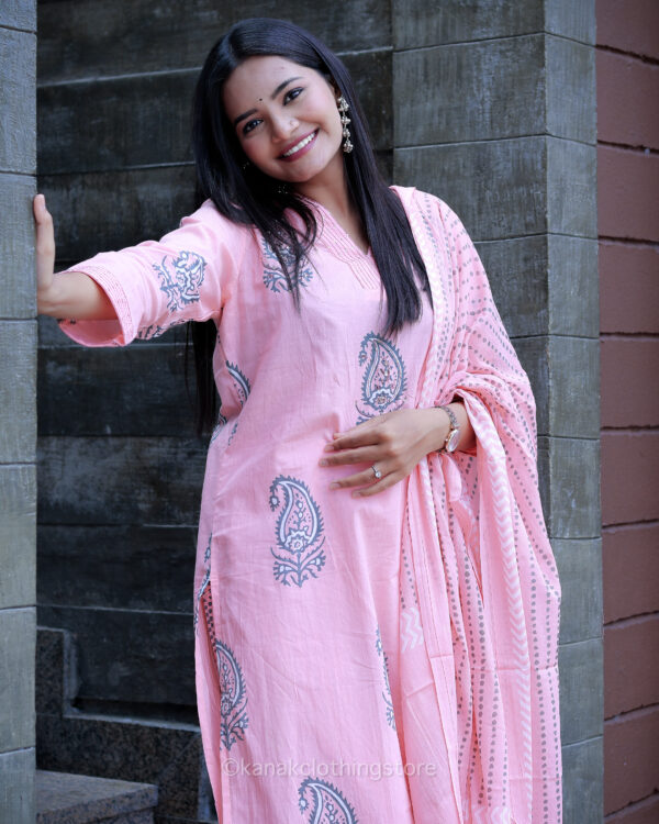 Pink Cotton Kurti Pant Dupatta Set - Regular Fit, Everyday Wear - Image 2