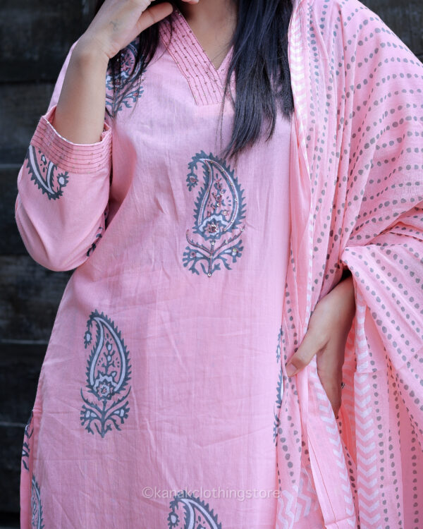 Pink Cotton Kurti Pant Dupatta Set - Regular Fit, Everyday Wear - Image 3