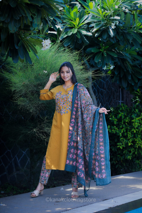 Golden Cotton Kurti with Pant and Dupatta Set – Regular Fit for Everyday Wear