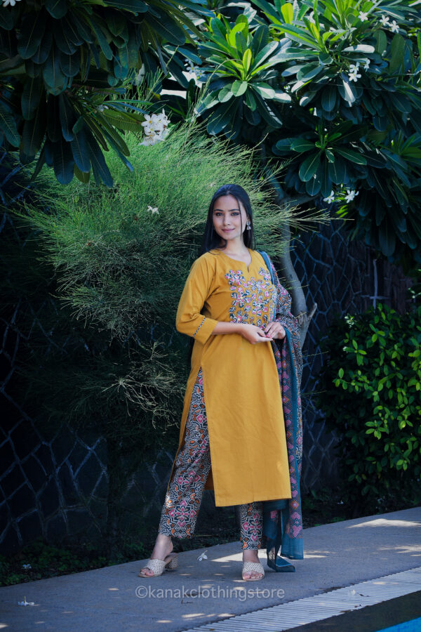 Golden Cotton Kurti with Pant and Dupatta Set – Regular Fit for Everyday Wear - Image 5