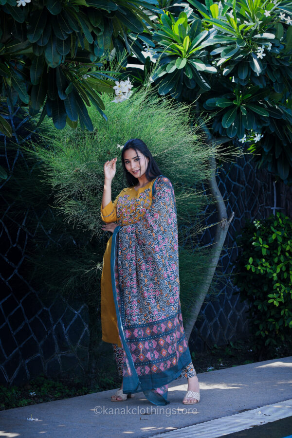 Golden Cotton Kurti with Pant and Dupatta Set – Regular Fit for Everyday Wear - Image 3