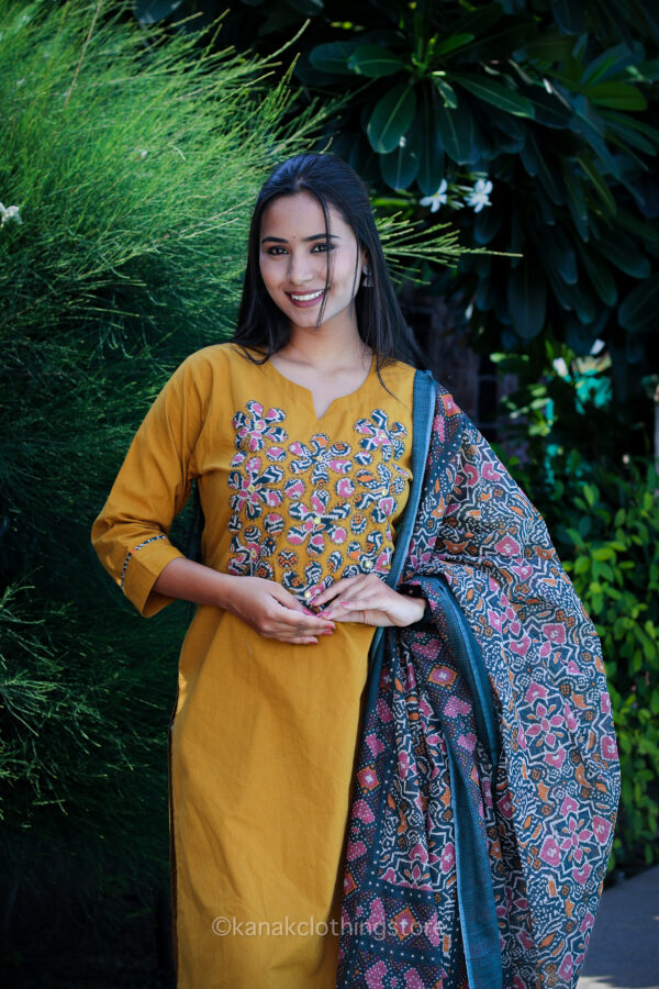 Golden Cotton Kurti with Pant and Dupatta Set – Regular Fit for Everyday Wear - Image 4