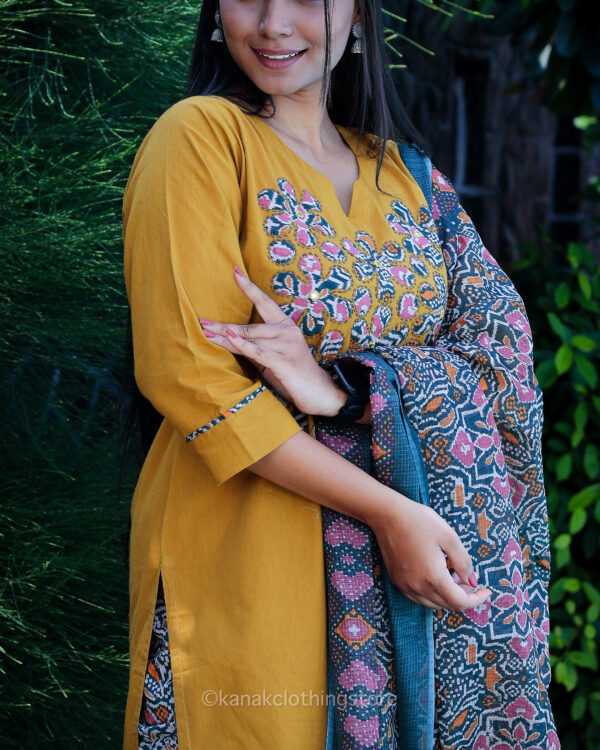 Golden Cotton Kurti with Pant and Dupatta Set – Regular Fit for Everyday Wear - Image 2