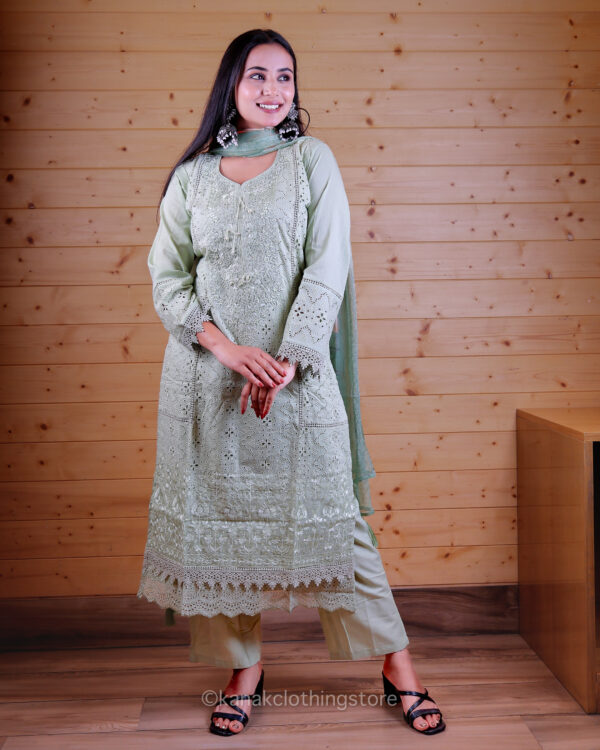 Pista Green Cotton Silk Kurti with Pant and Dupatta Set for Party Wear - Image 3