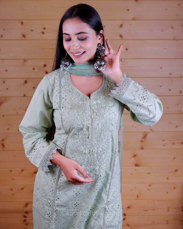 Pista Green Cotton Silk Kurti with Pant and Dupatta Set for Party Wear - Image 5