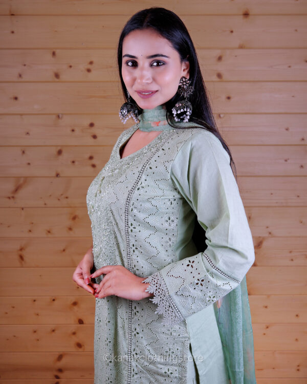 Pista Green Cotton Silk Kurti with Pant and Dupatta Set for Party Wear - Image 4