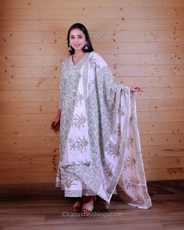 Green Cotton Anaar Kali Kurti Set with Pant and Dupatta – Regular Fit - Image 3