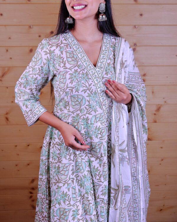 Green Cotton Anaar Kali Kurti Set with Pant and Dupatta – Regular Fit - Image 4