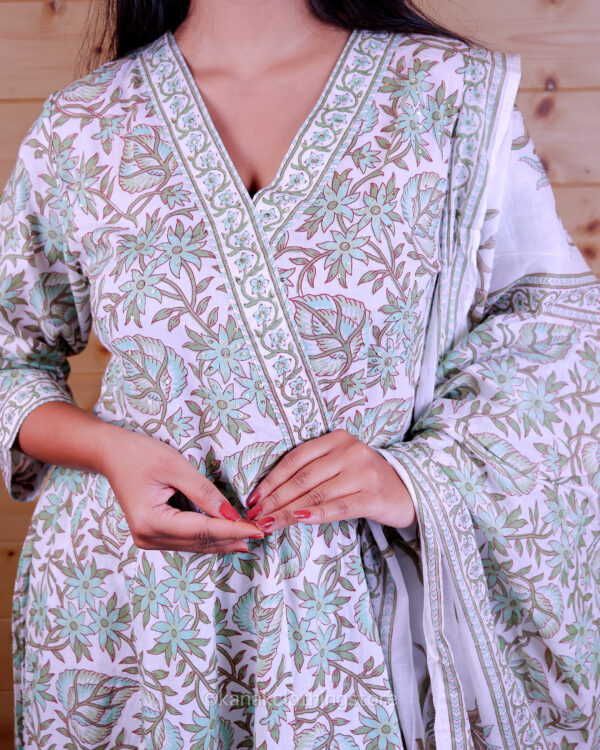 Green Cotton Anaar Kali Kurti Set with Pant and Dupatta – Regular Fit - Image 2
