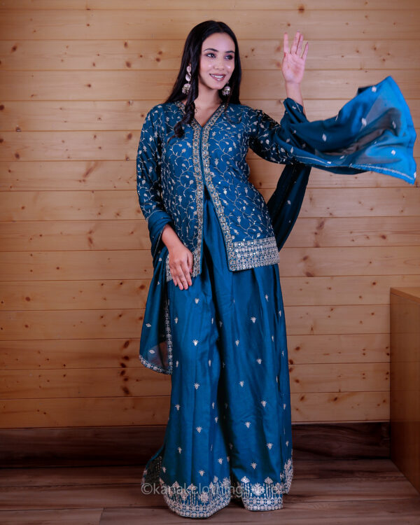 Blue Silk Plazo Set - Party Wear Regular Fit - Image 3