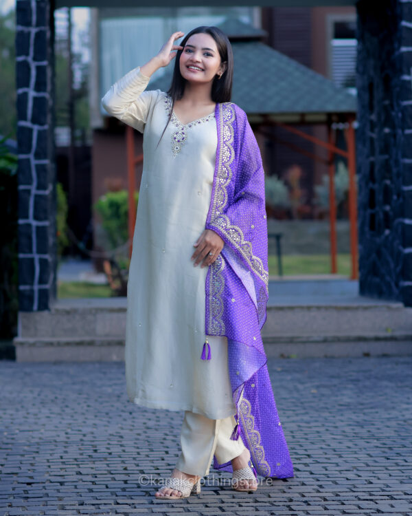 Tissue Fabric Kurti | Cream Tissue Kurti, Pant, and Dupatta Set